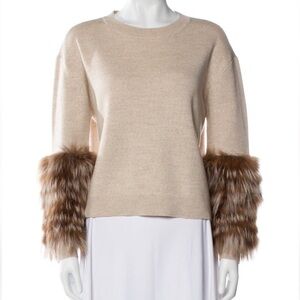 Alice & Olivia BLACK Crewneck Sweatshirt with Fox Fur Sleeves